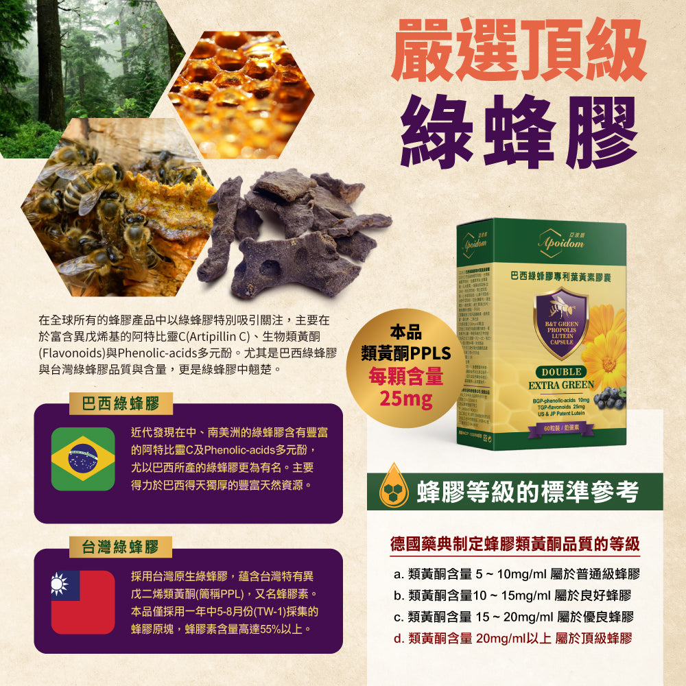 Apoidom亞波盾 巴西綠蜂膠專利葉黃素膠囊60粒(綠蜂膠激活晶亮複方效益)