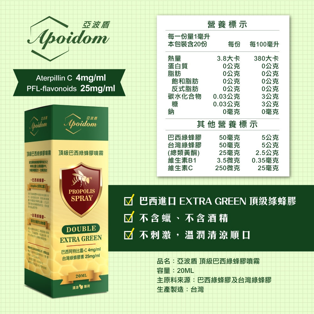 Apoidom亞波盾 頂級巴西綠蜂膠噴霧20ml(含頂級成分阿特比靈C 4mg/ml)