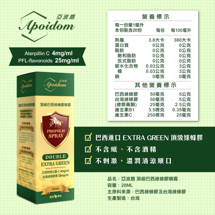 Apoidom亞波盾 頂級巴西綠蜂膠噴霧20ml(含頂級成分阿特比靈C 4mg/ml)